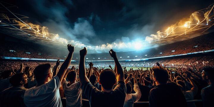 In a soccer stadium, lights illuminate the exuberant scene as fans cheer passionately, creating an electrifying atmosphere of excitement. Generative AI