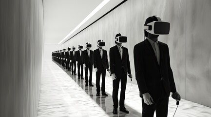 A group of diversely dressed people wearing virtual reality goggles stand against a stark monochrome wall, lost in their own immersive digital reality
