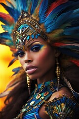 Naklejka premium A showgirl in a vibrant carnival costume captivates the crowd with her spirited dance as she whirls around in a mesmerizing outdoor display, adorned with an extravagant headpiece