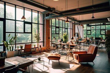 A modern coworking space with large windows that let in natural light. Generative AI