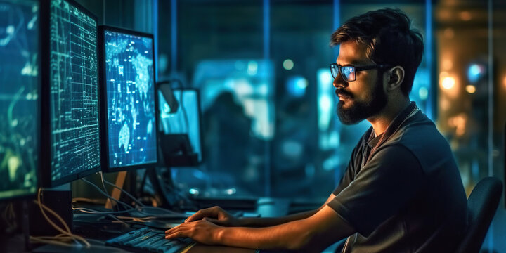 Handsome and candid male programmer completely immersed in his work, demonstrating dedication and expertise in the world of programming. Generative AI