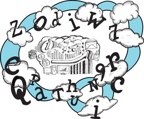 Digital png illustration of business icons and letters on transparent background