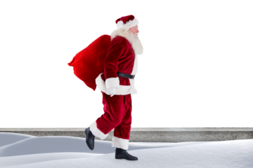 Digital png photo of santa claus walking with sack on transparent background