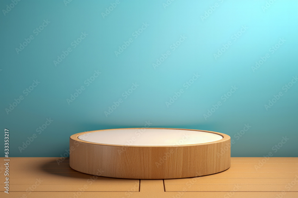 Poster a podium mock-up for product presentations with a minimalist abstract concept featuring a wooden des