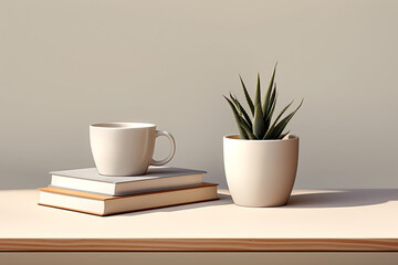 Fototapeta premium Medium size beige mug on books, small pot with aloe plant, in light colors
