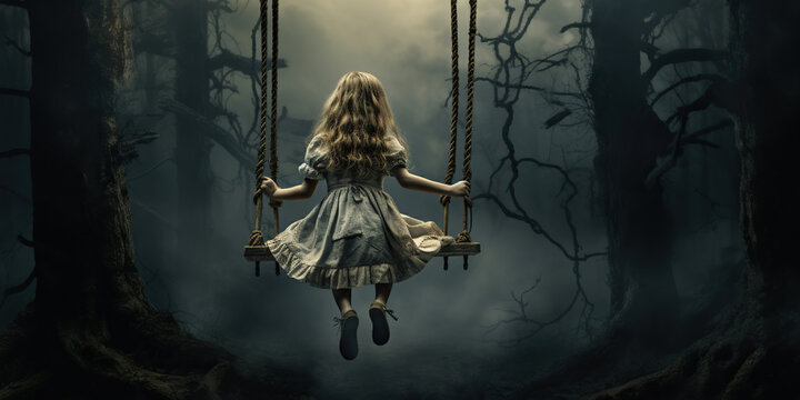 In the depths of a dark and ominous forest, a little girl fearlessly swings back and forth on a creaking swing, finding joy amidst the haunting atmosphere and mysterious shadows. Generative AI