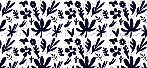 Groovy abstract flower art seamless patterns. Organic floral doodle shapes in trendy naive retro hippie 60s 70s style. Matisse curves aestethic. Botanic vector background in pink, yellow colors.