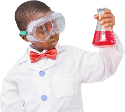 Digital png photo of african american boy with beaker in lab on transparent background