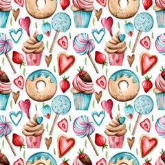 Seamless watercolor pattern. Pastries, sweets. Hand drawn cupcakes, lollipops, donuts, strawberries, cookies isolated on white background. Design for wrapping paper.