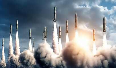 A formation of military intercontinental ballistic missiles soared through the expansive sky, a formidable display of strategic power and technological advancement. Generative AI - obrazy, fototapety, plakaty