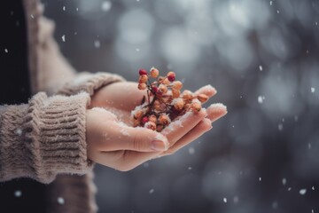 The woman in a knitted sweater holding a rowan berries in winter. Female hands holding a rowan berries. Winter background.