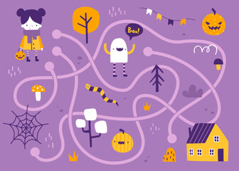 Mini labyrinth halloween game with cute baby searching for home. Creepy doodle vector maze for kids.