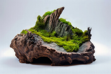 The tree stump adorned with green moss isolated on a white background creates a miniature plant.