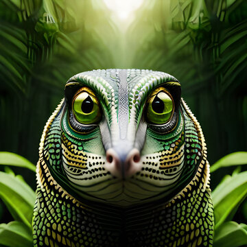 Portrait shoot in green jungle of an expressive lizard, anamorphic lens, ultra-realistic, hyper-detailed, green-core