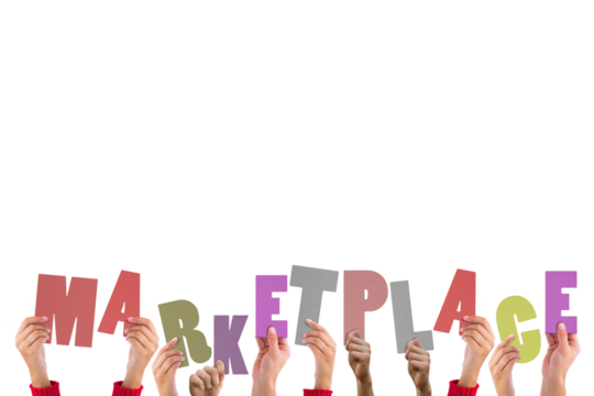 Digital png illustration of hands with marketplace text on transparent background - Powered by Adobe