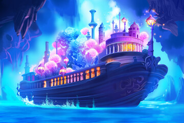 Picture of cruise liner in the sea with flowers, front view. The Huge Pirate Ship in the Sea. Fantasy Backdrop Concept Art Realistic illustration Video Game Background Digital Painting CG Artwork.
 - obrazy, fototapety, plakaty