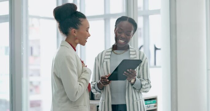 Business women, tablet and planning with ideas, teamwork and schedule for creativity, development and office. Mentor, partnership and data analytics with smile, thinking and brainstorming with app