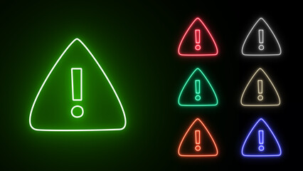 Neon warning icon. Glowing neon warning sign, exclamation mark in colorful. Important notification, urgent attention, caution error. Icon set. Danger warning attention sign with exclamation mark