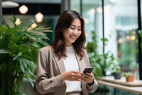 Portrait Young Asian Businesswoman Using Smartphone In The Modern Office, Business Woman Standing And Looking Smart Phone With Confident, Female Using Telephone, One Person, Generative Ai