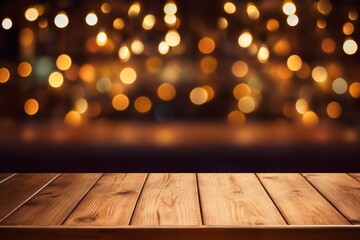 Empty wood table and light table with defocused bokeh background in a shopping mall. design for displaying products