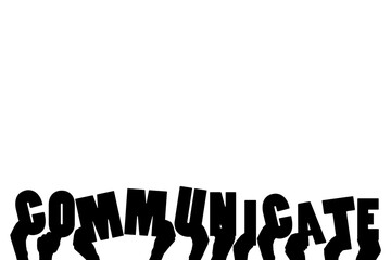 Digital png illustration of hands with communicate text on transparent background