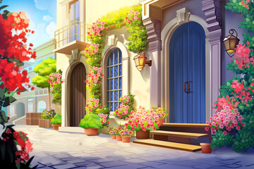 Urban or suburban neighborhood , houses with flowers, trees and driveway. Suburb village landscape with cottage buildings,Concept Art Scenery. Book Illustration. Video Game Scene.  Artwork Background.