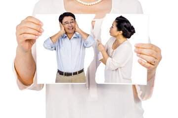 Digital png photo of asian woman with picture on transparent background