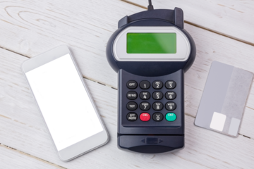 Digital png illustration of smartphone, terminal and credit card on transparent background