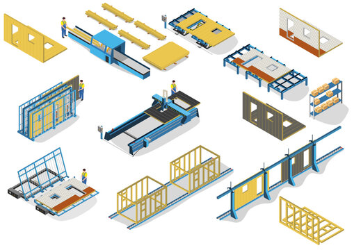 Ensemble d’éléments vectoriels, scierie, machine, bois, ouvrier, panneaux, rails, stockage.