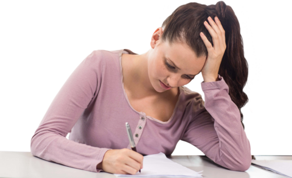 Digital png photo of caucasian woman taking notes on transparent background