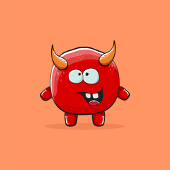 Vector cartoon funny red monster with horn isolated on orange background. Smiling silly blue funky monster print sticker design template. Pink Ghost, troll, gremlin, goblin, devil and monster
