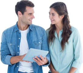 Digital png photo of caucasian couple with tablet on transparent background