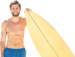 Digital png photo of caucasian man with surfboard on transparent background