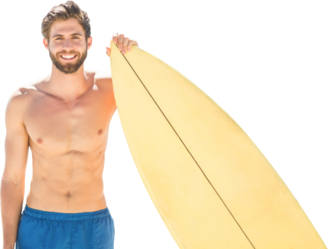 Digital png photo of caucasian man with surfboard on transparent background