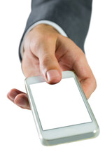 Digital png photo of hand holding smartphone with copy space on transparent background