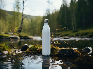 White clear stainless thermos bottle in water against the backdrop of nature. Creative mockup of reusable bottle for traveling and hiking. - obrazy, fototapety, plakaty