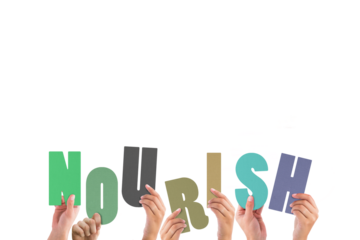 Digital png illustration of hands with nourish text on transparent background