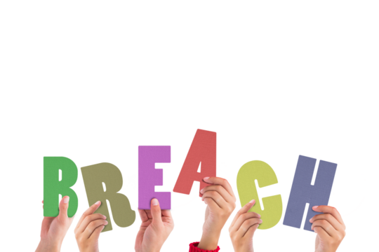 Digital png illustration of hands with breach text on transparent background - Powered by Adobe