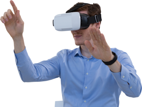 Digital png photo of caucasian man using vr headset on transparent background