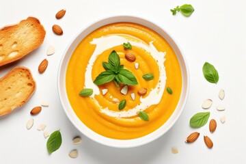 Vegan creamy roasted pumpkin soup top view. AI generated