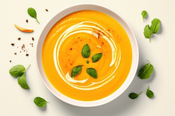 Vegan creamy roasted pumpkin soup top view. AI generated
