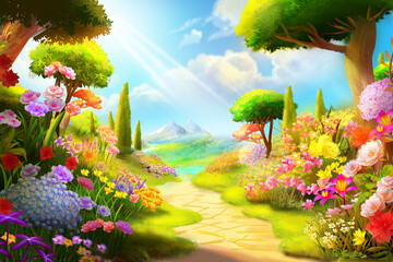 Fairytale background with trees, flower meadow, mountains and blue sky in cartoon style. Concept Art Scenery. Book Illustration. Video Game Scene. Serious Digital Painting. CG Artwork Background.
- 633359635