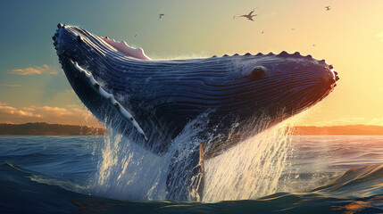 Humpback whale jumping out of the water at sunset. Generative AI - obrazy, fototapety, plakaty