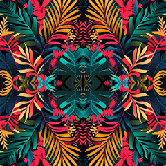 Seamless pattern with tropical leaves. Vector illustration. Colorful exotic background.