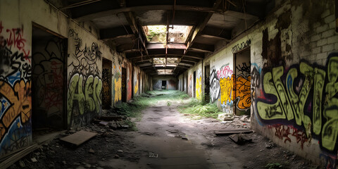 Urban decay abandoned buildings graffiti rust generative AI - obrazy, fototapety, plakaty