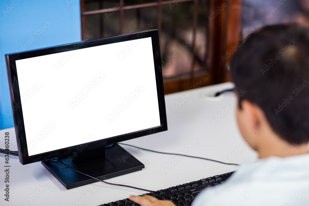 Poster digital png photo of caucasian man using computer with copy space on transparent background