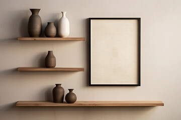 A wall with minimalistic shelves and a collection of beautiful vases on them. Empty vertical frame for wall art mockup. Interior in modern japandi style.