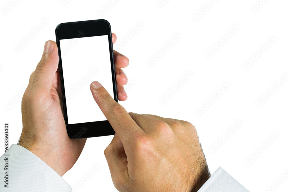 Poster digital png photo of caucasian man using smartphone with copy space on transparent background