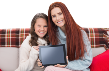 Digital png photo of happy caucasian mother and daughter with tablet on transparent background
