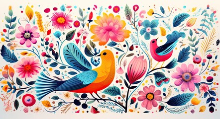 A vivid painting of a cartoon bird perched atop a lush bed of flowers radiates with color and exudes an air of whimsical creativity